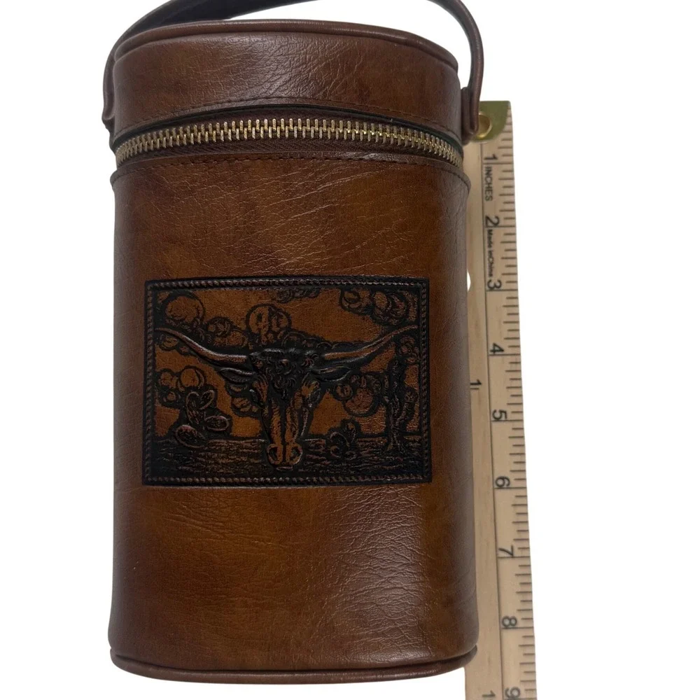 Vintage Western Longhorn Travel Bar Kit Brown Faux Leather Case with 2‎ Flasks